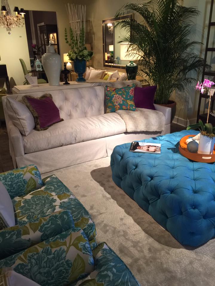 A bold blue ottoman makes a statement at the Lillian August showroom at market. 