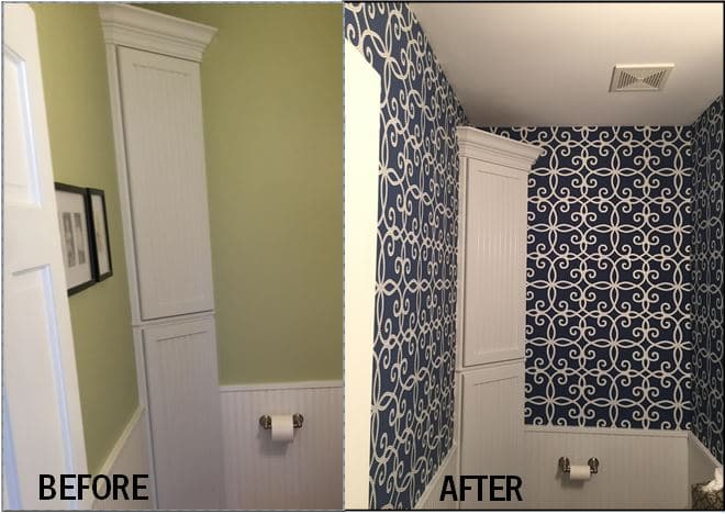 Before and after bathroom remodel with wallpaper.