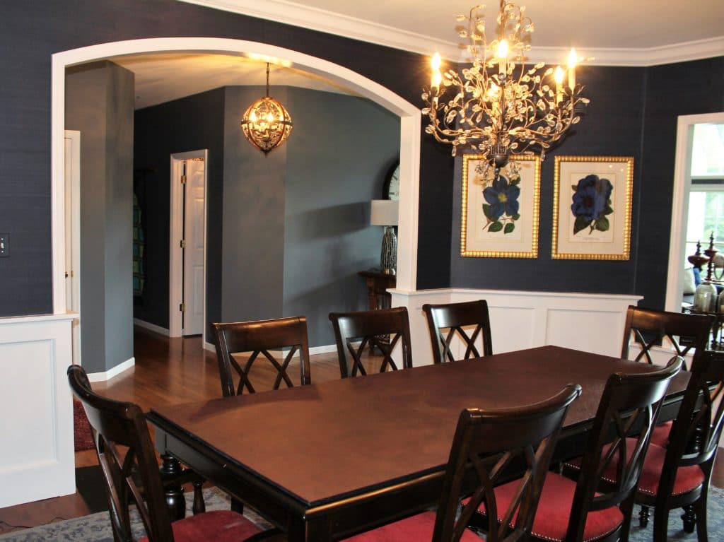 Navy and red dining room design.