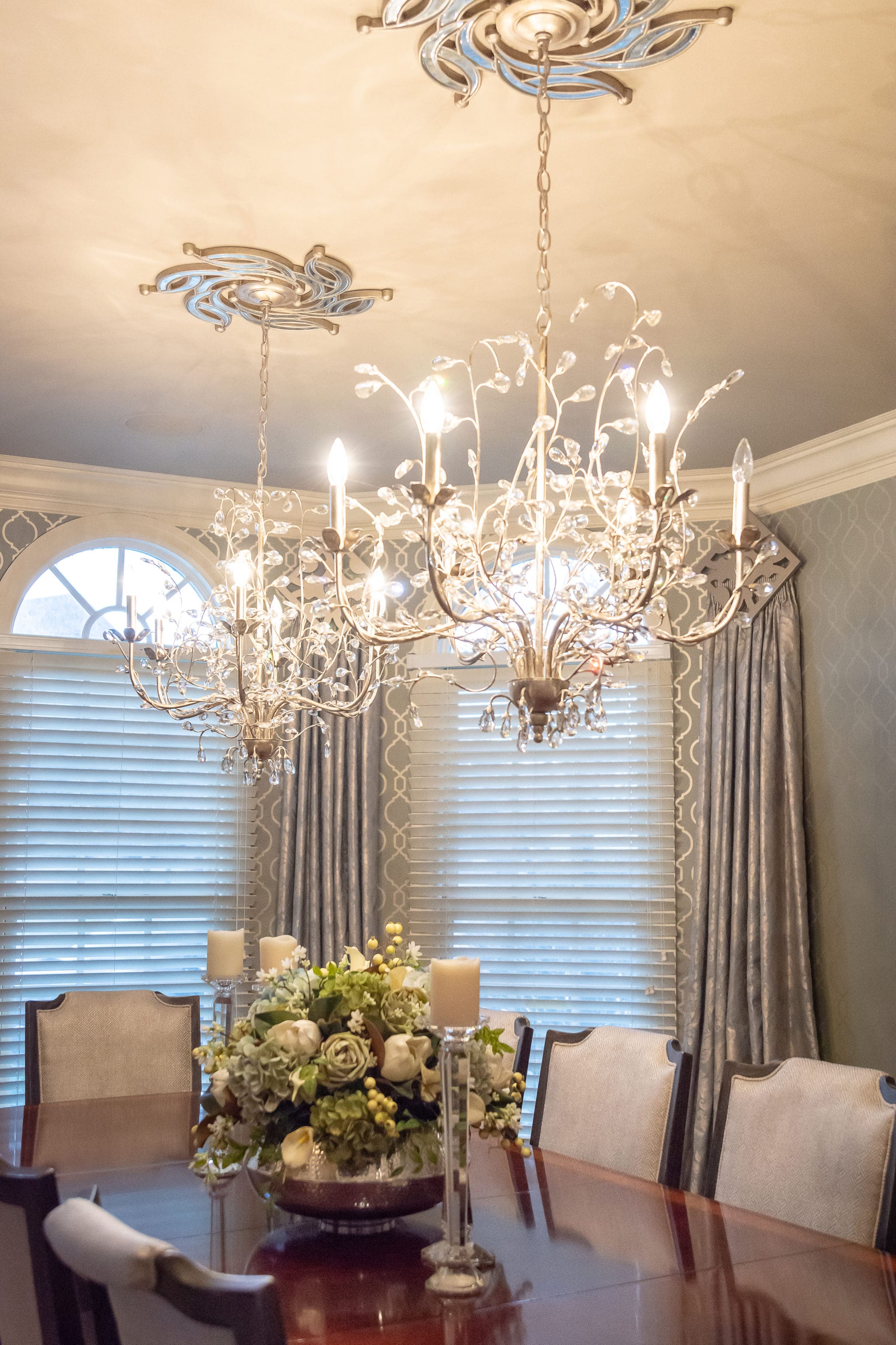 chandeliers in formal dining room